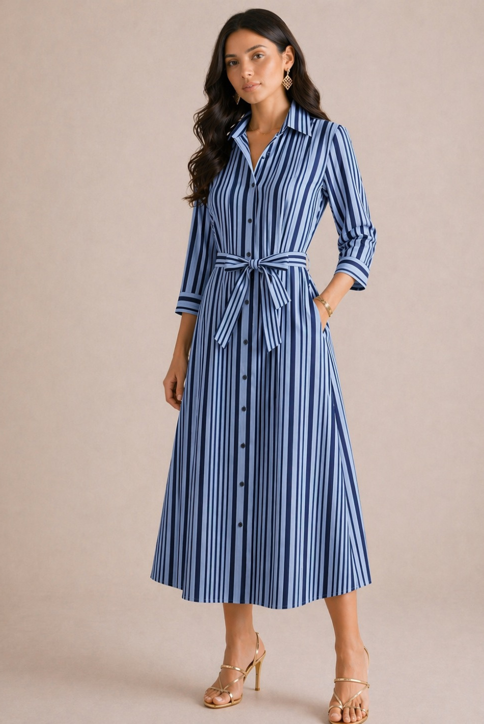 Kate & Pippa Elena Midi Shirt Dress In Blue/Navy Stripe-Kate & Pippa