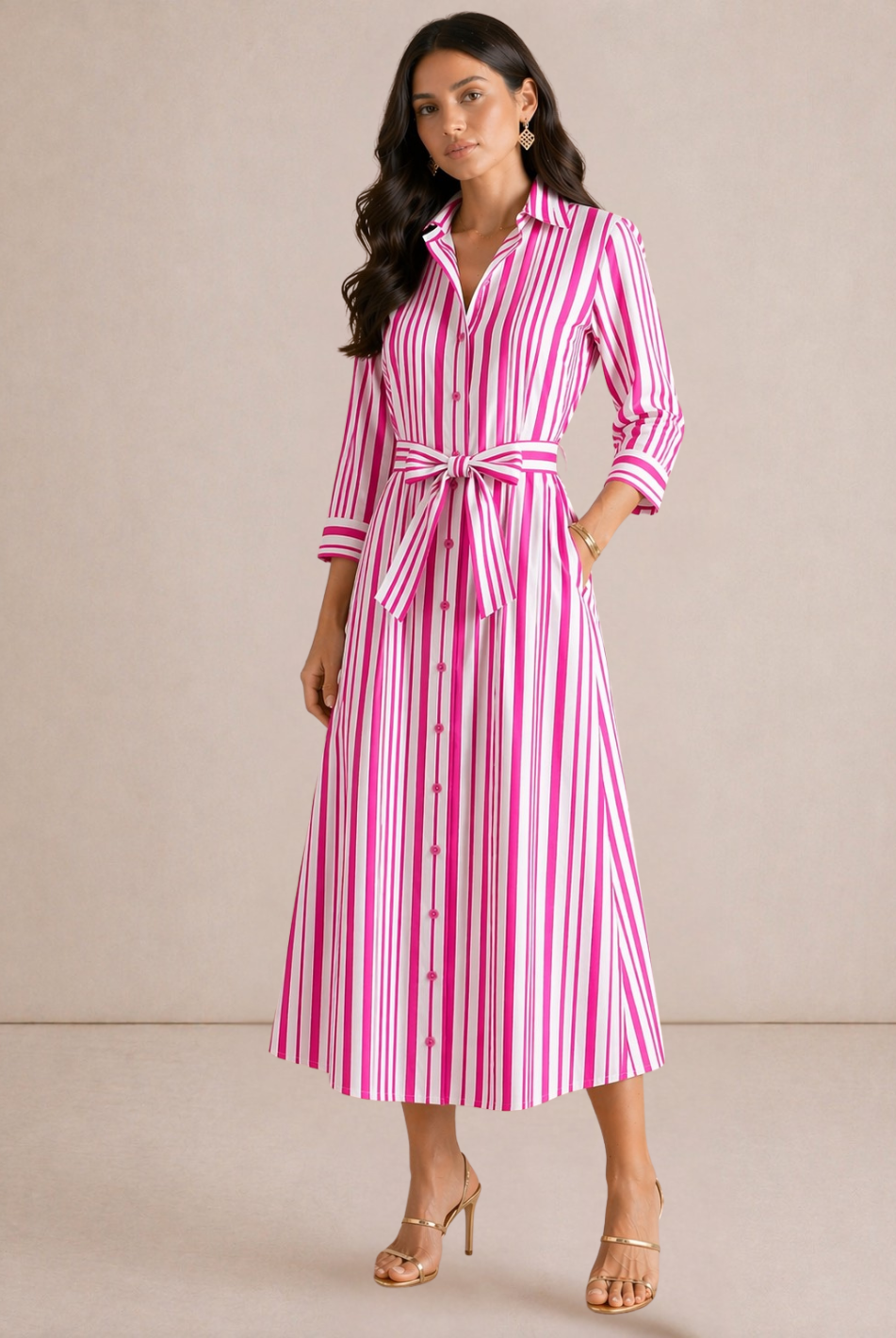 Kate & Pippa Elena Midi Shirt Dress In Pink Stripe-Kate & Pippa