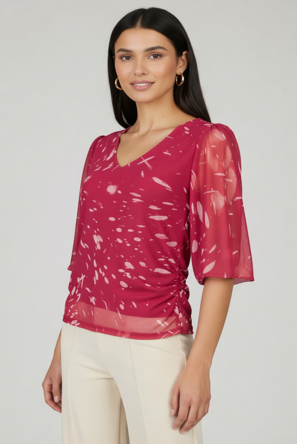 Kate & Pippa Ivy V-Neck Top In Pink Print-Kate & Pippa