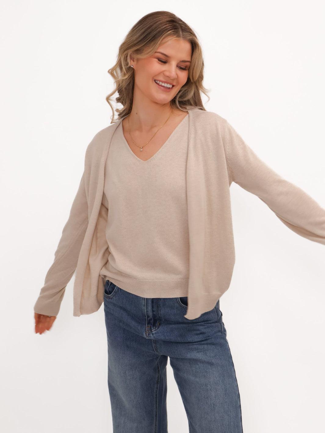 Kate & Pippa Poppy Two-In-One Cardigan In Beige-Kate & Pippa