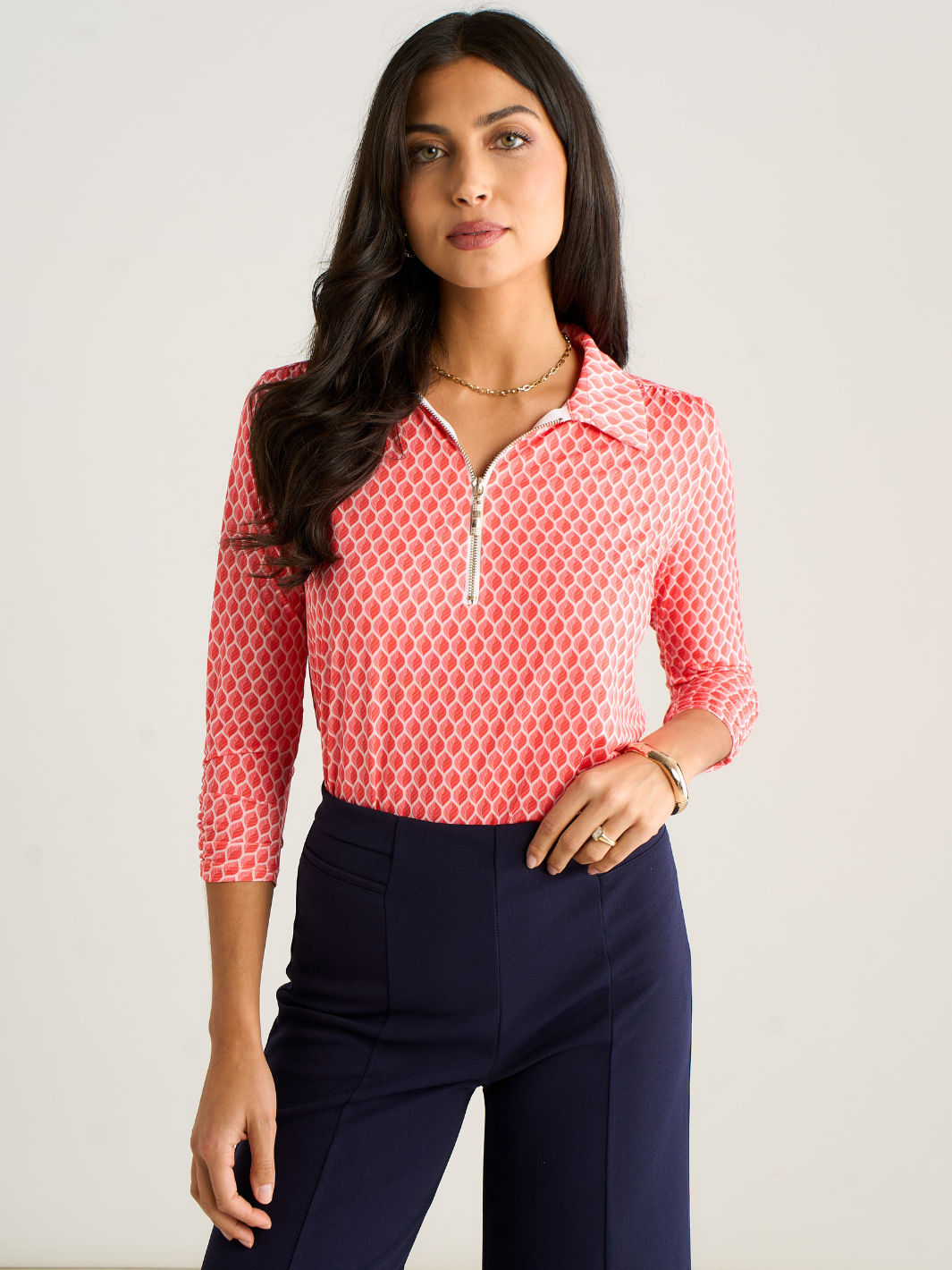 Kate & Pippa Zip Top In Coral Geo Print-Kate & Pippa