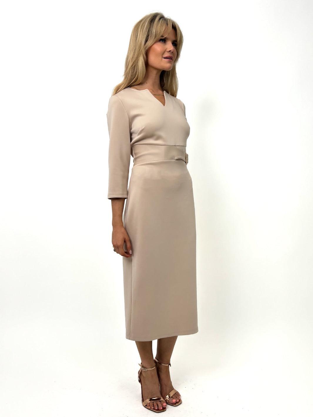 Kate & Pippa Amy Structured Midi Dress In Beige-Kate & Pippa