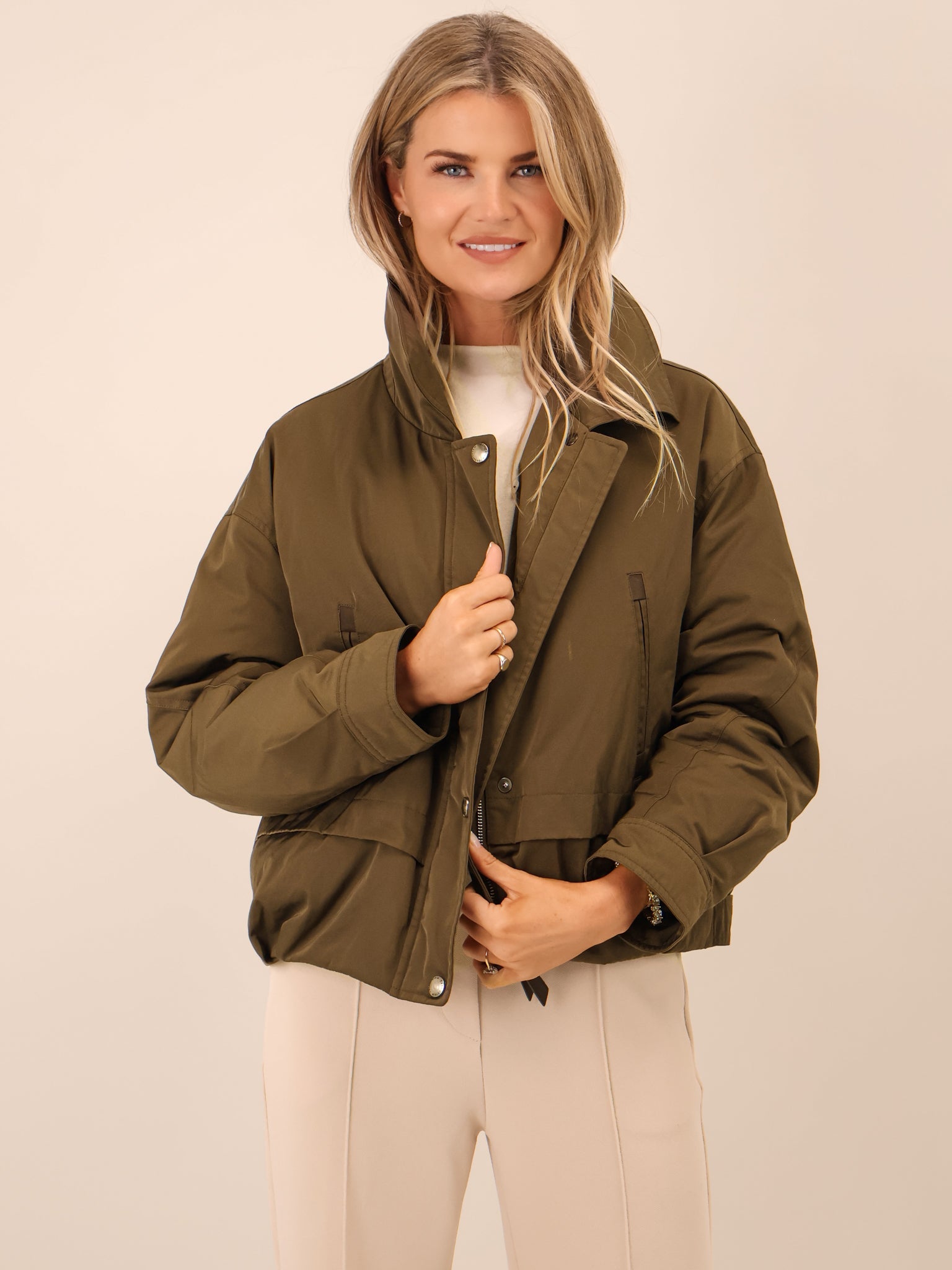 Kate & Pippa Aspen Detachable Fur Collar Jacket In Khaki-Kate & Pippa
