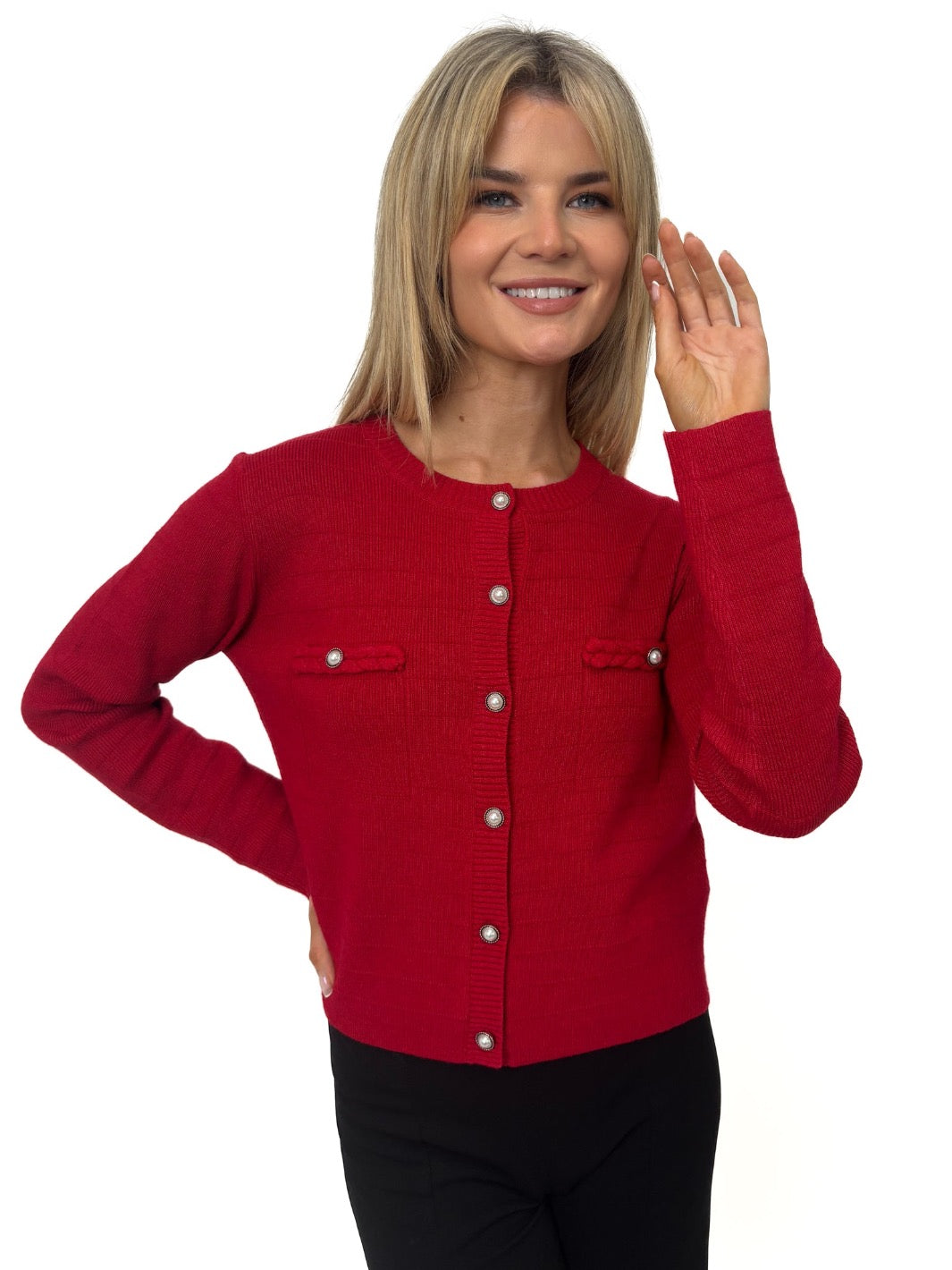 Kate & Pippa Coco Buttoned Knit Jacket In Red-Kate & Pippa