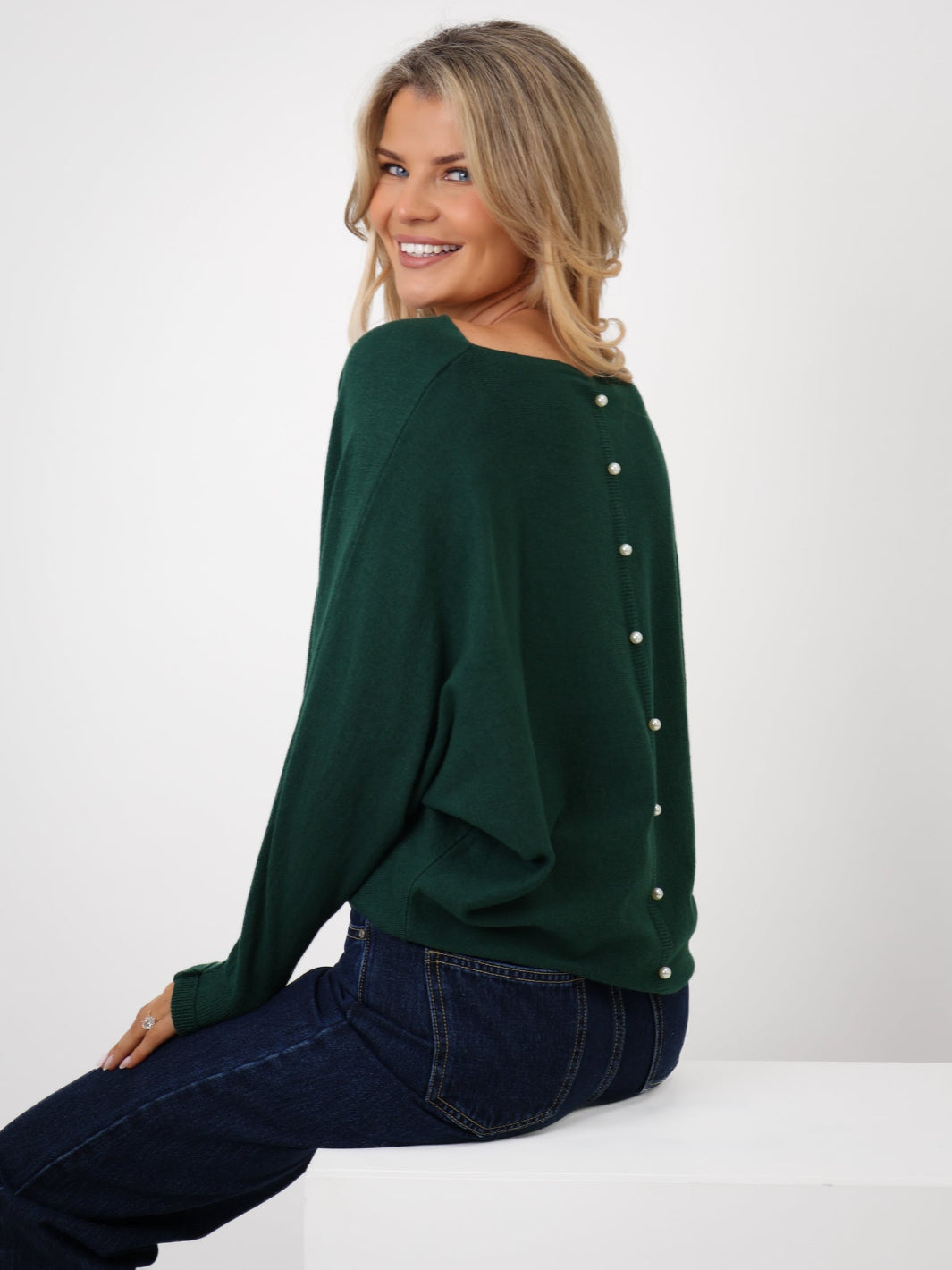 Kate & Pippa Elba Pearl Detail Knit Jumper In Dark Green-Kate & Pippa Autumn/Winter Ladies Clothing