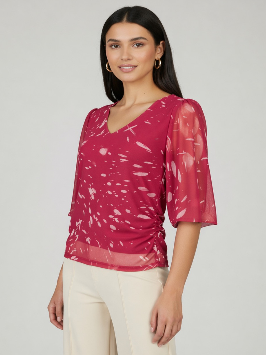 Kate & Pippa Ivy V-Neck Top In Pink Print-Kate & Pippa