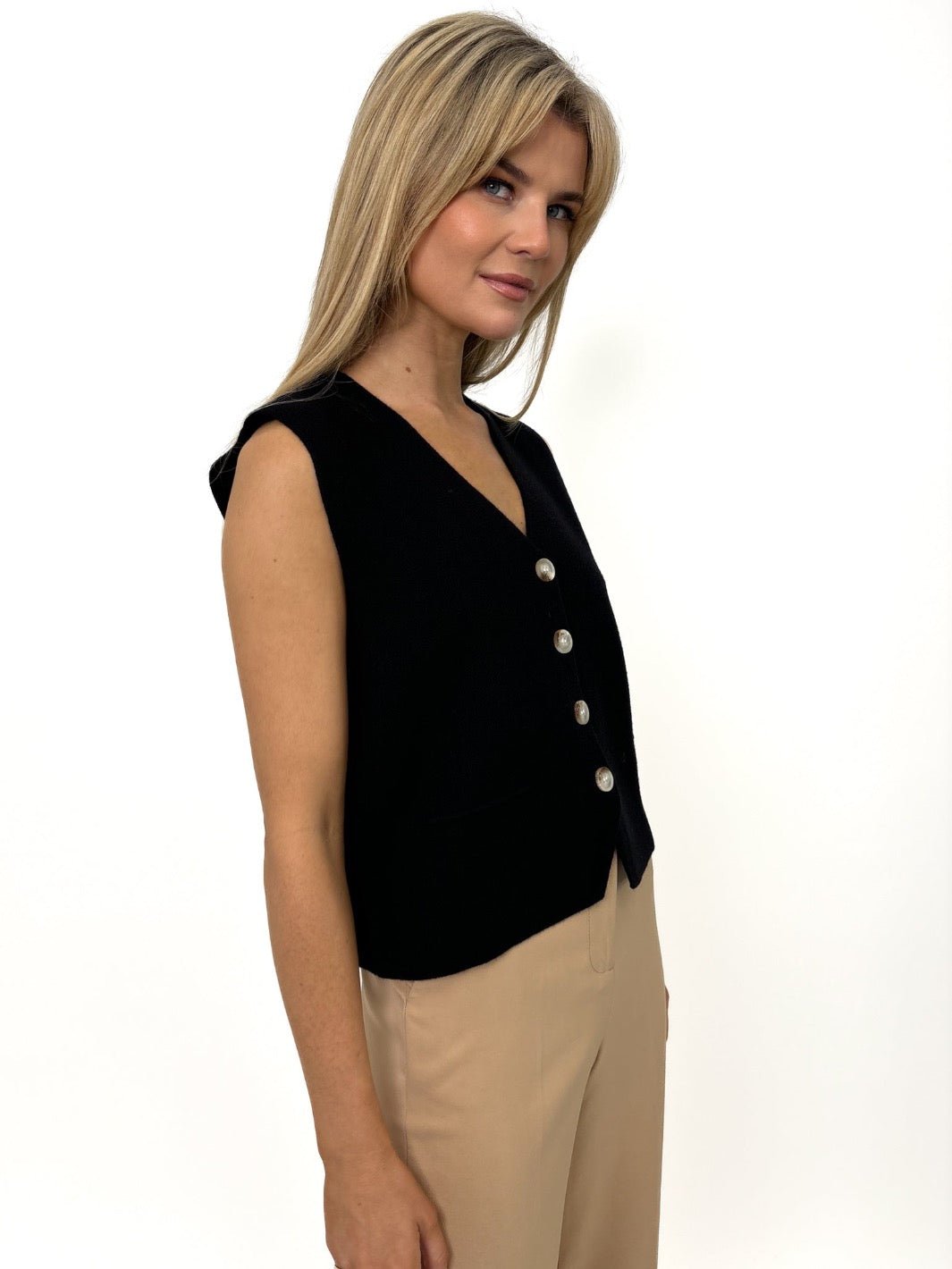 Kate & Pippa Kelly Buttoned Knit Waistcoat In Black-Kate & Pippa