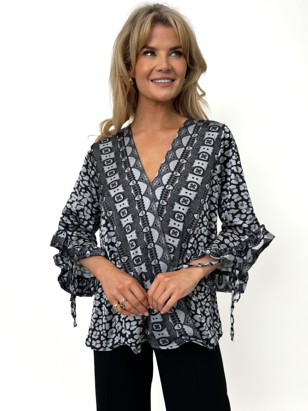 Kate & Pippa Maria Top In Black / Grey Print-Kate & Pippa