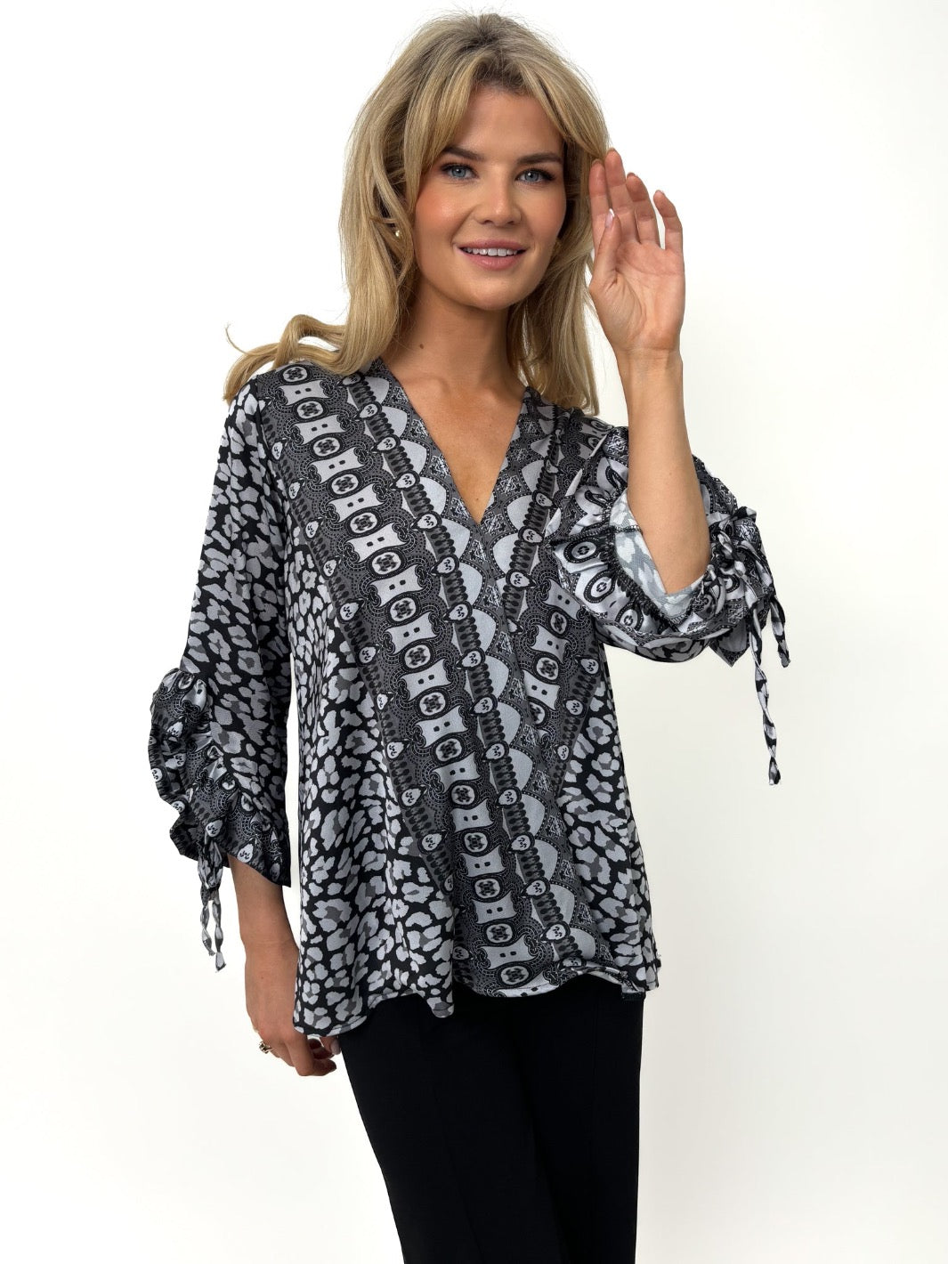 Kate & Pippa Maria Top In Black / Grey Print-Kate & Pippa