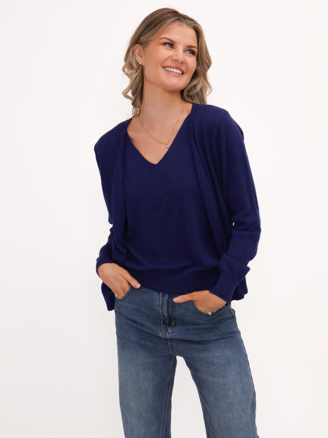 Kate & Pippa Poppy Two-In-One Cardigan In Navy-Kate & Pippa