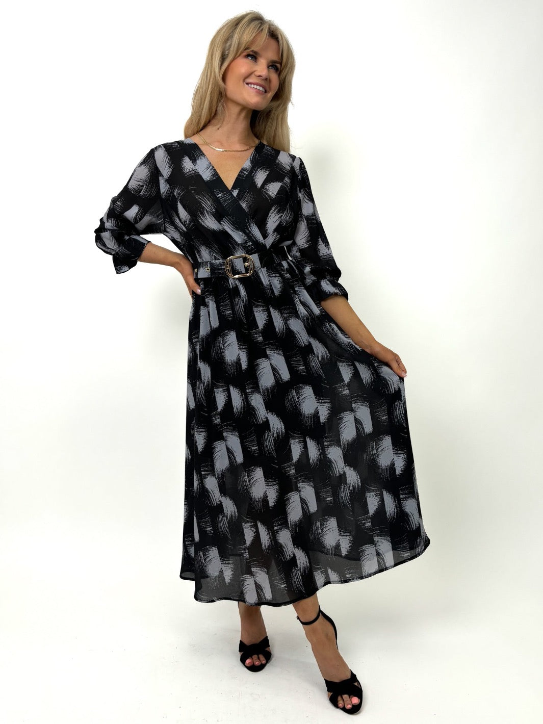 Kate & Pippa Positano Midi Dress In Black / Grey Print-Kate & Pippa