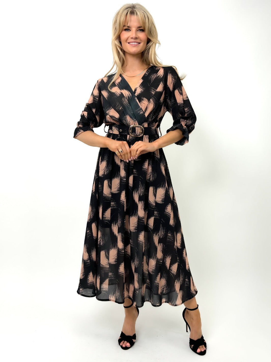 Kate & Pippa Positano Midi Dress In Black / Tan Print-Kate & Pippa