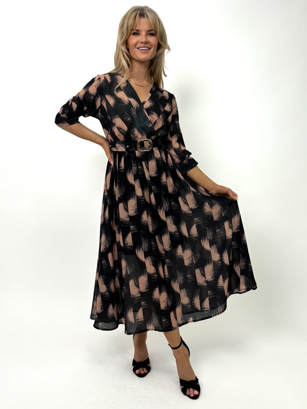 Kate & Pippa Positano Midi Dress In Black / Tan Print-Kate & Pippa