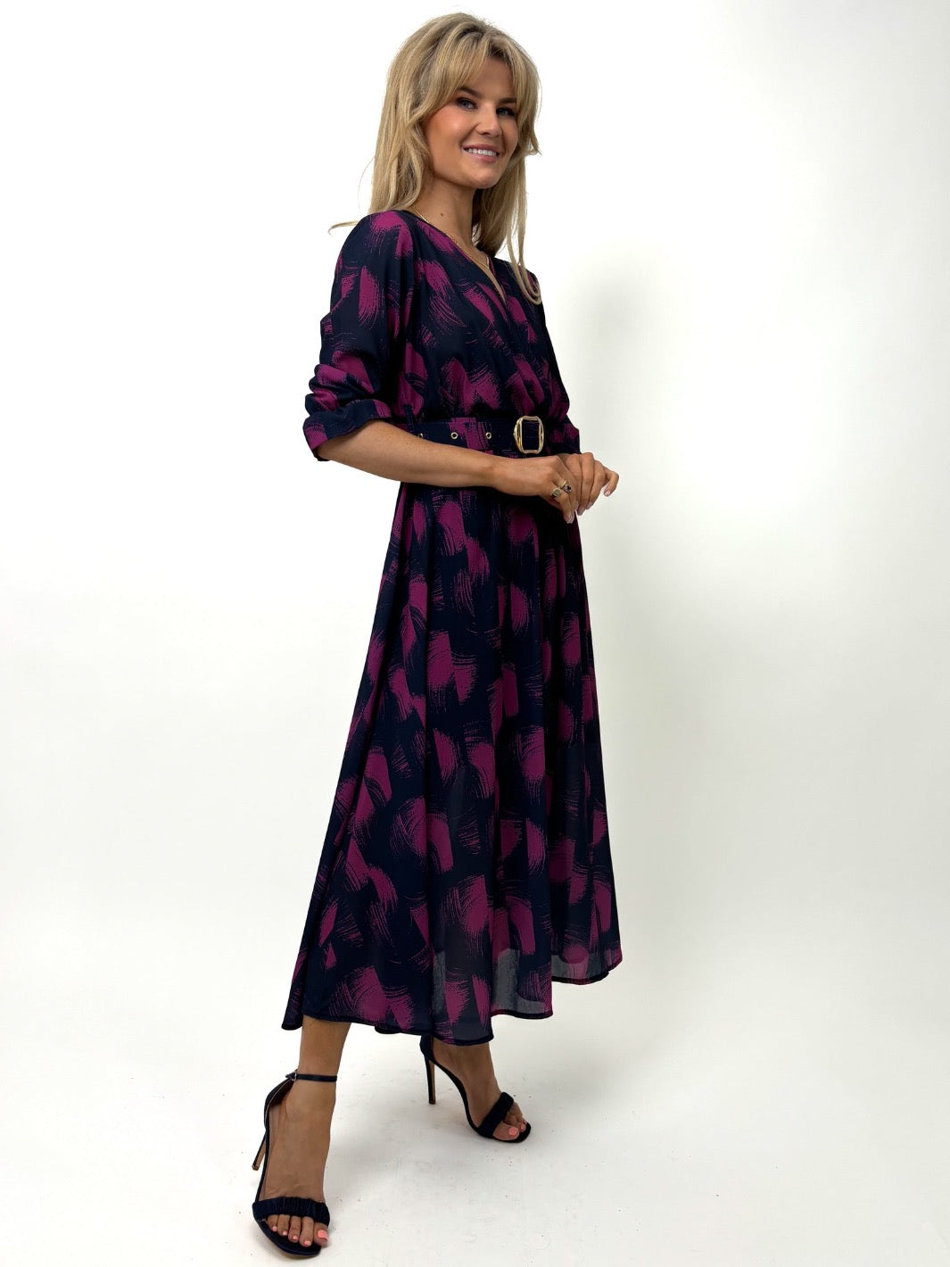 Kate & Pippa Positano Midi Dress In Navy / Magenta Print-Kate & Pippa