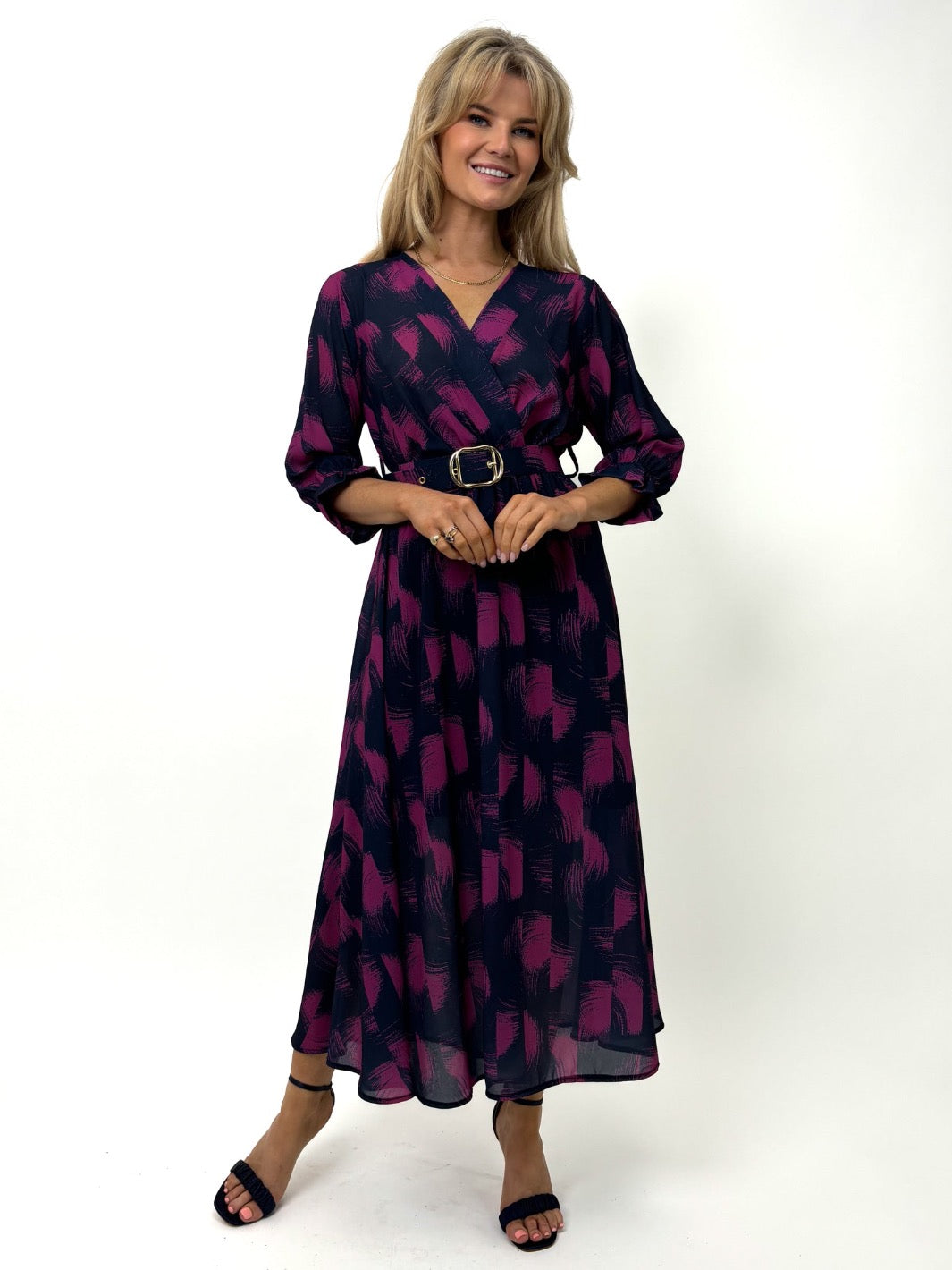 Kate & Pippa Positano Midi Dress In Navy / Magenta Print-Kate & Pippa