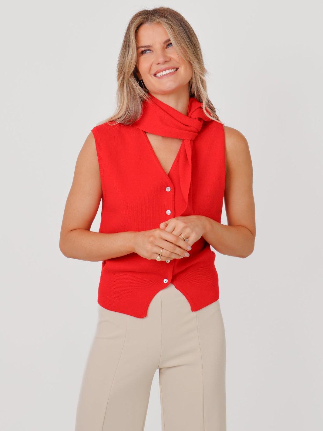 Kate & Pippa Robyn Knit Waistcoat With Neck Scarf In Red-Kate & Pippa