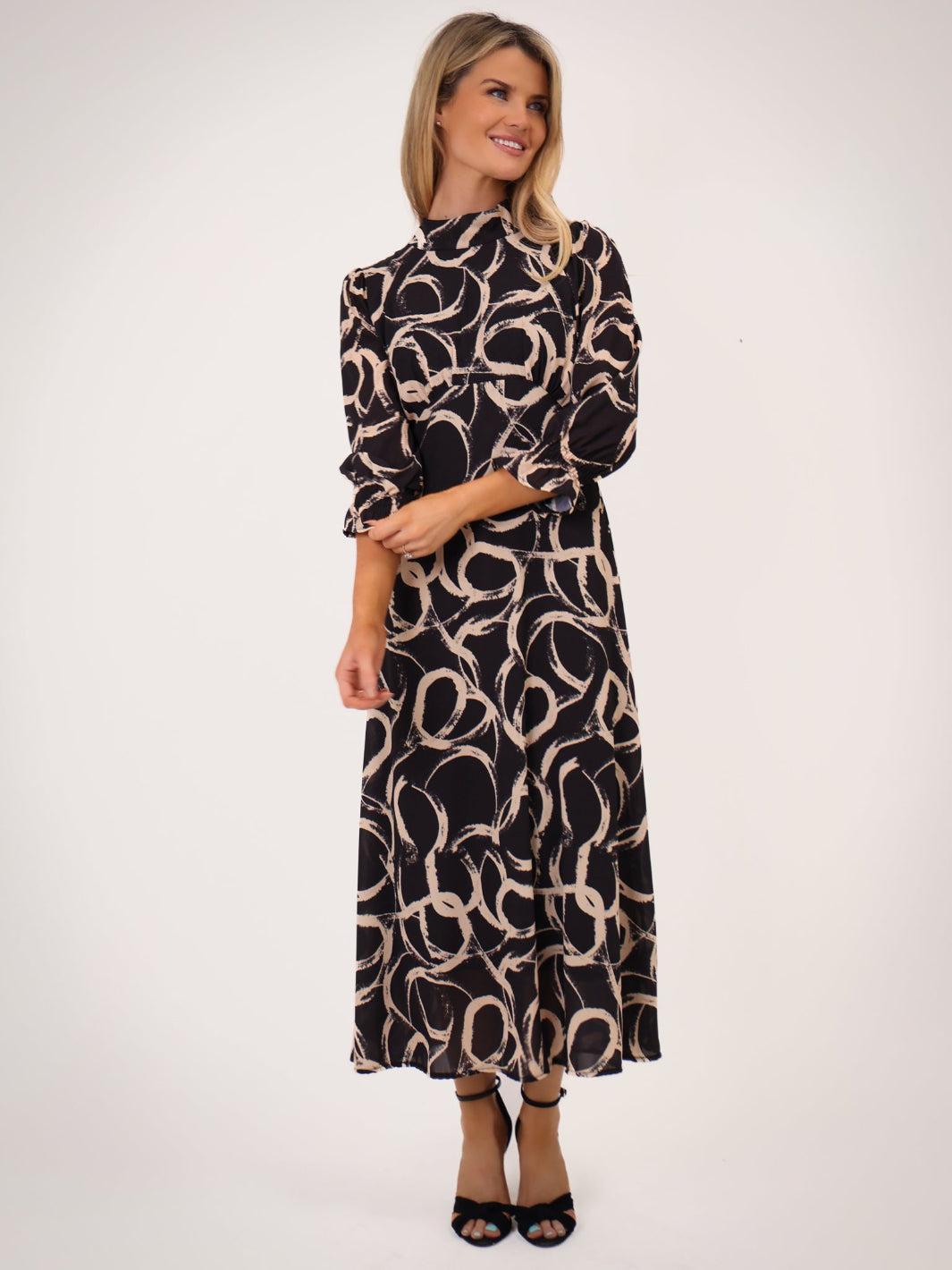 Kate & Pippa Simona Midi Dress In Black / Beige-Kate & Pippa Autumn/Winter Ladies Clothing