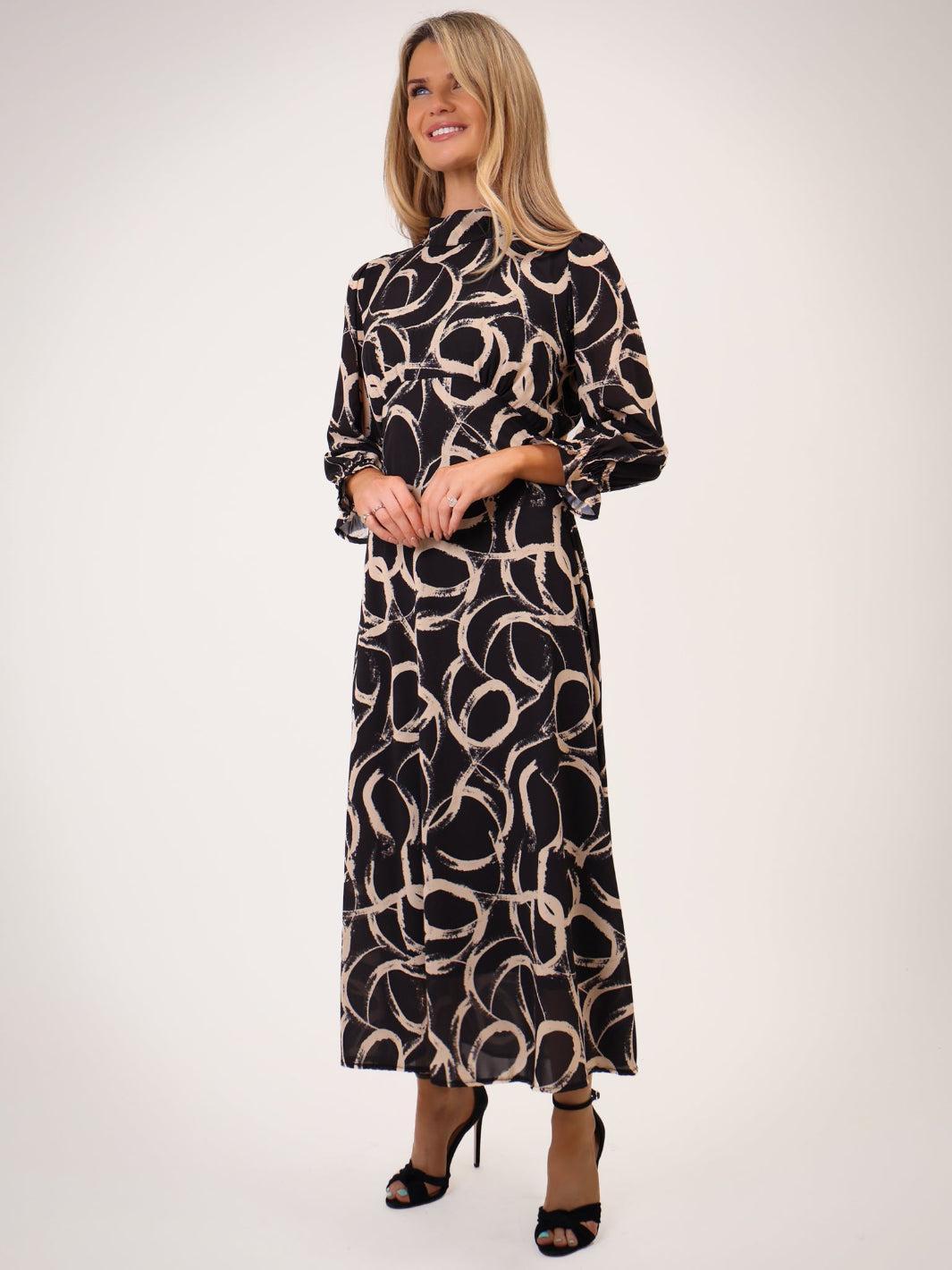 Kate & Pippa Simona Midi Dress In Black / Beige-Kate & Pippa Autumn/Winter Ladies Clothing