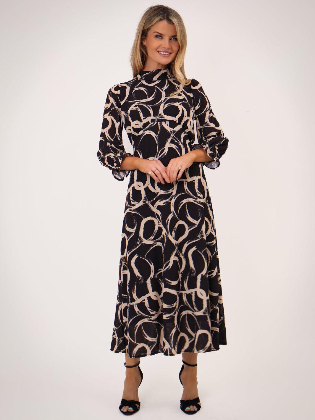 Kate & Pippa Simona Midi Dress In Black / Beige-Kate & Pippa Autumn/Winter Ladies Clothing