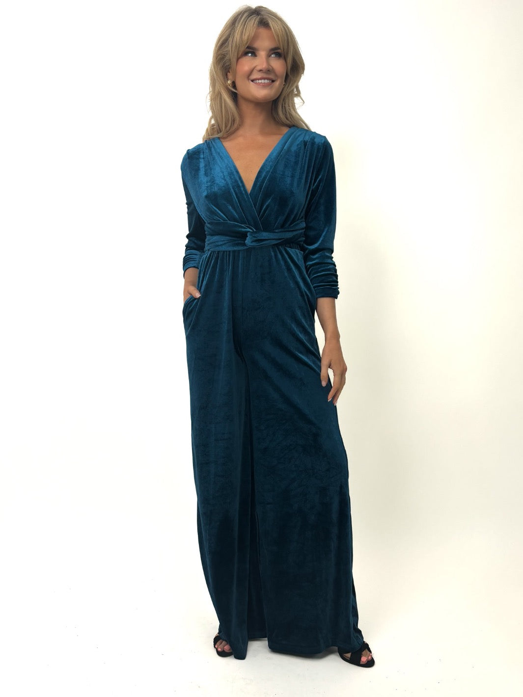 Kate & Pippa Sophia Velvet Jumpsuit In Teal-Kate & Pippa