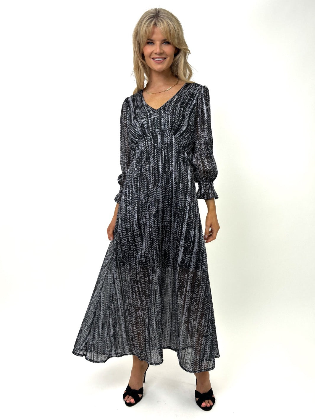 Kate & Pippa Streasa Midi Dress In Black / Grey Print-Kate & Pippa