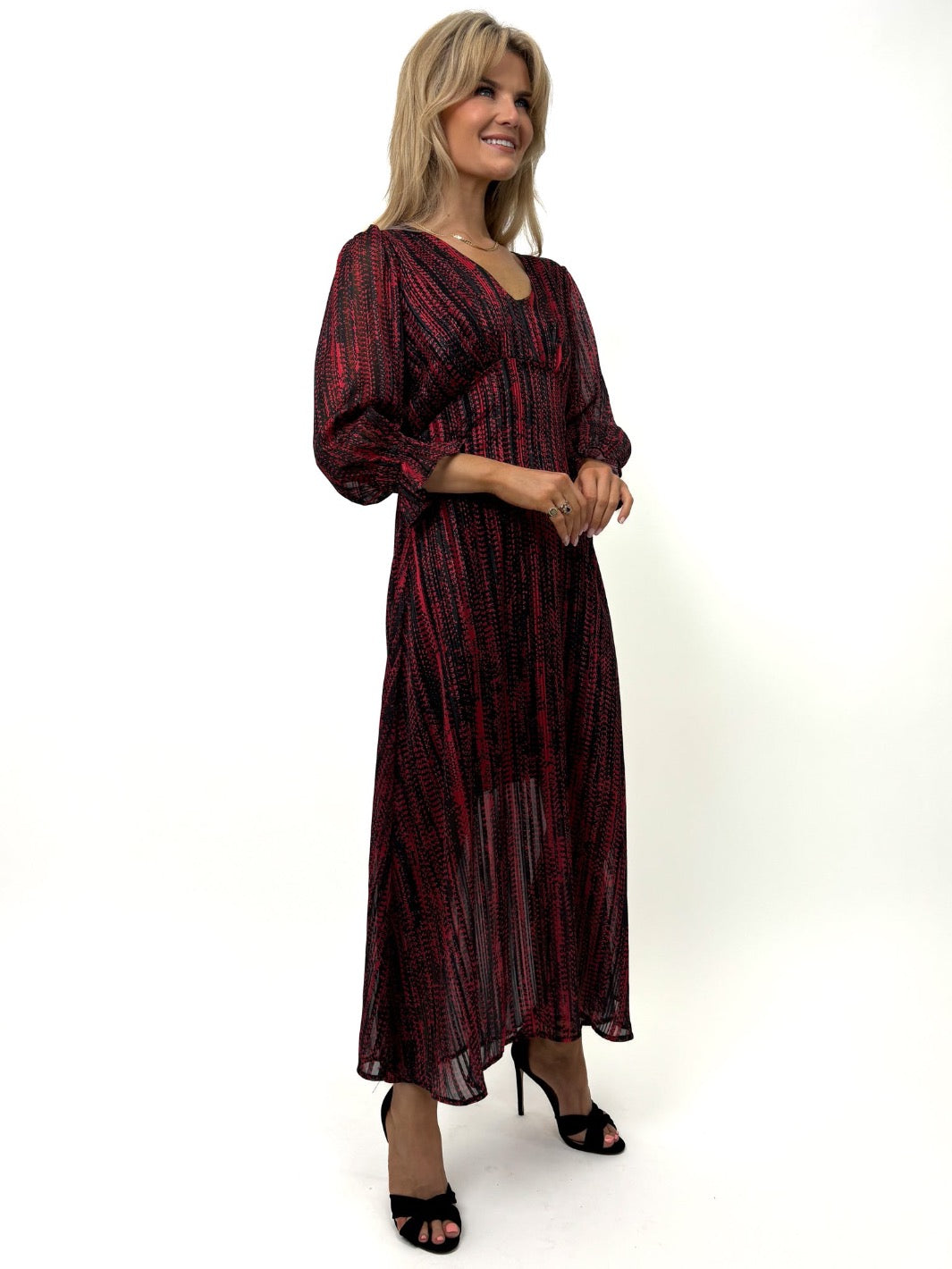 Kate & Pippa Streasa Midi Dress In Black / Red Print-Kate & Pippa