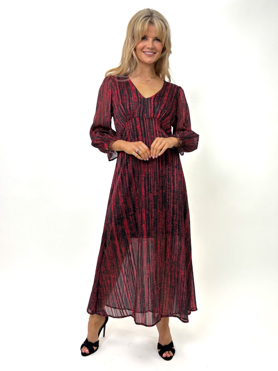 Kate & Pippa Streasa Midi Dress In Black / Red Print-Kate & Pippa