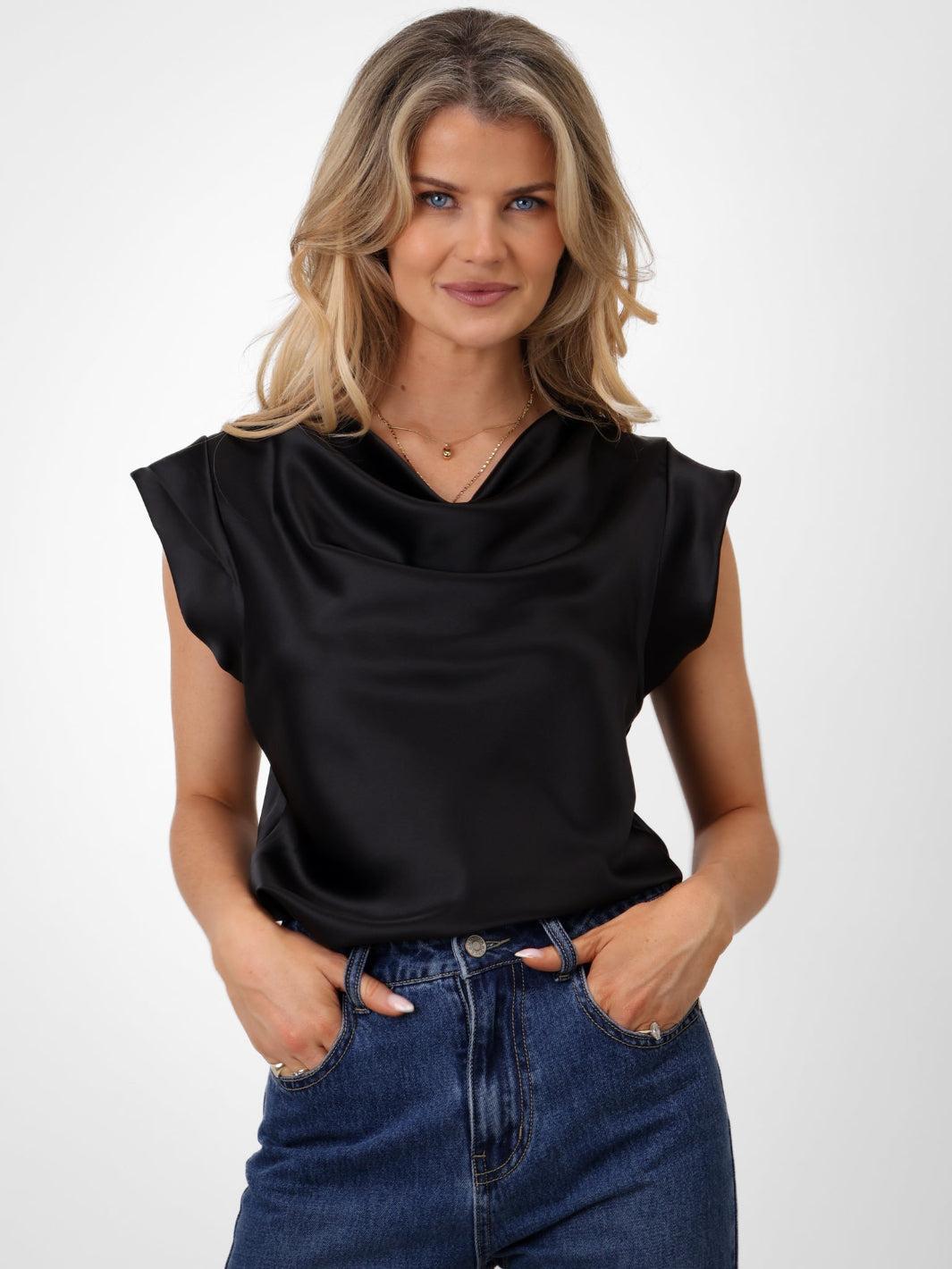 Kate & Pippa Suzy Satin Cowl Neck Top In Black-Kate & Pippa Autumn/Winter Ladies Clothing