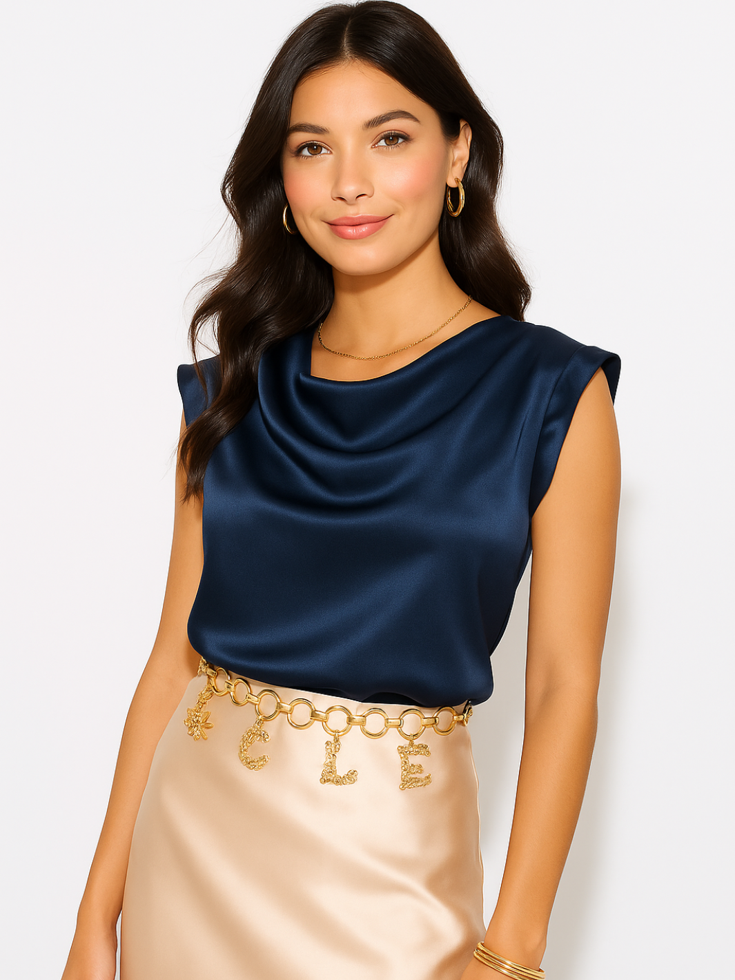 Kate & Pippa Suzy Satin Cowl Neck Top In Navy-Kate & Pippa Autumn/Winter Ladies Clothing