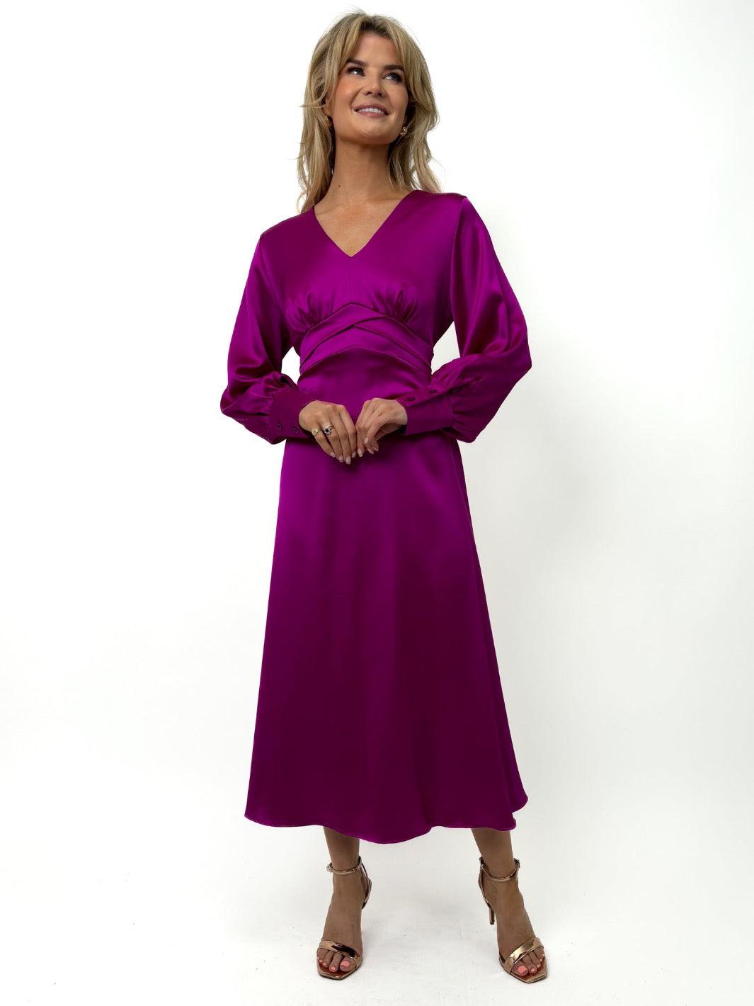 Kate & Pippa Un-Named Satin Midi Dress In Magenta-Kate & Pippa