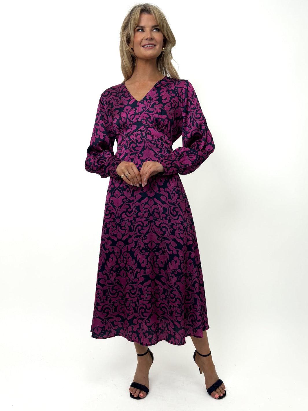 Kate & Pippa Un-Named Satin Midi Dress In Magenta / Navy-Kate & Pippa