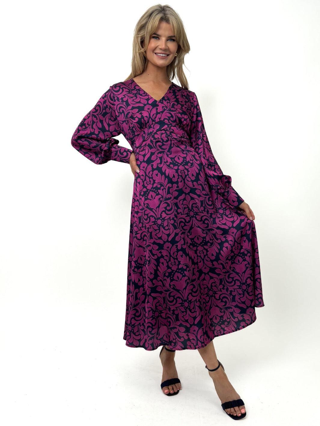 Kate & Pippa Un-Named Satin Midi Dress In Magenta / Navy-Kate & Pippa