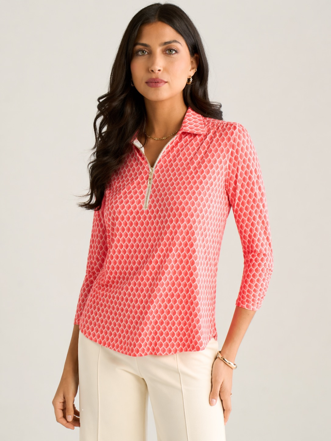 Kate & Pippa Zip Top In Coral Geo Print-Kate & Pippa