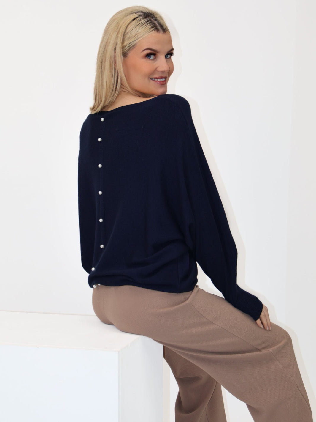 Kate & Pippa Elba Pearl Detail Knit Jumper In Navy-Kate & Pippa