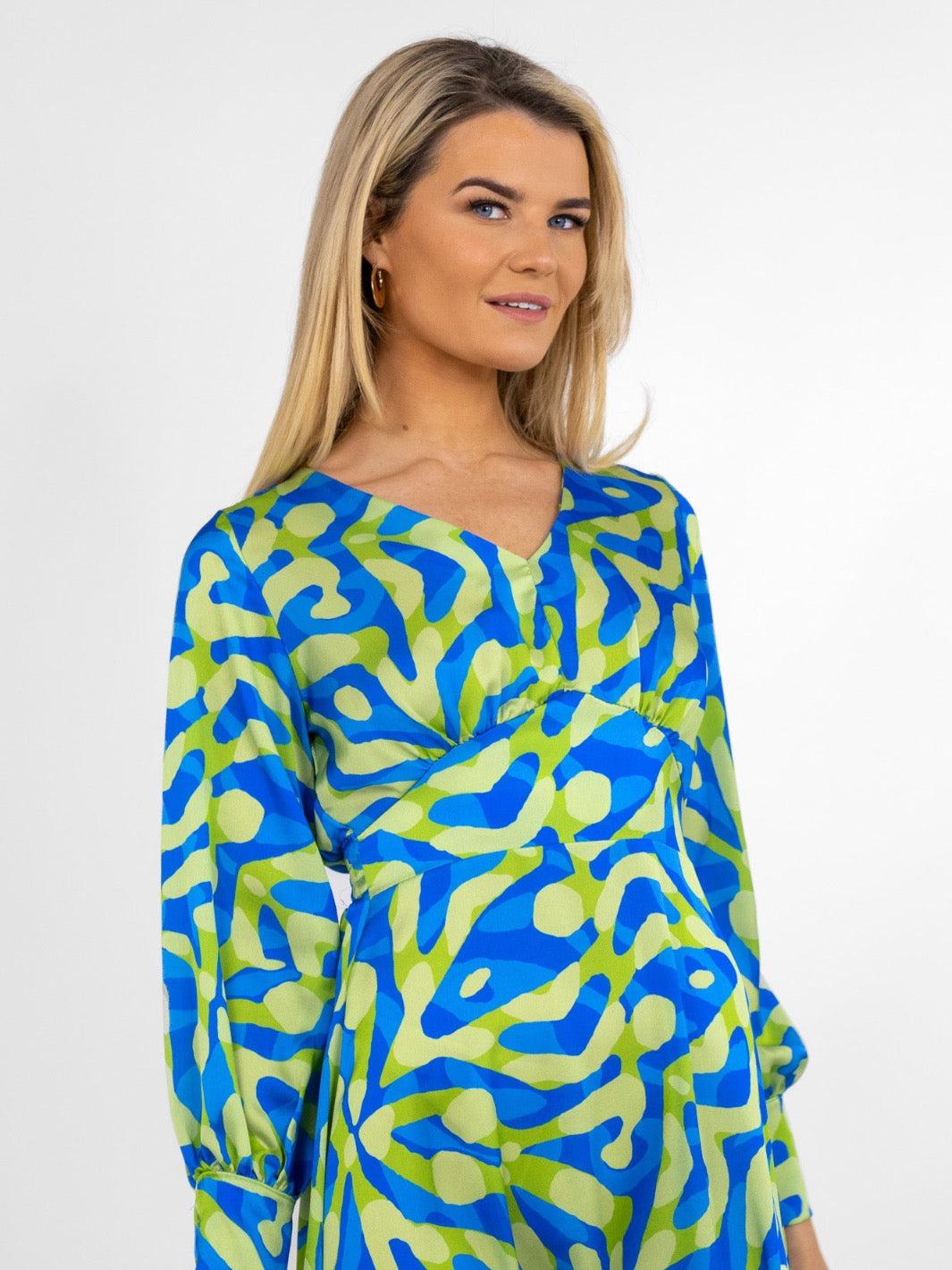 Kate & Pippa Birkin Midi Dress In Blue / Lime Print