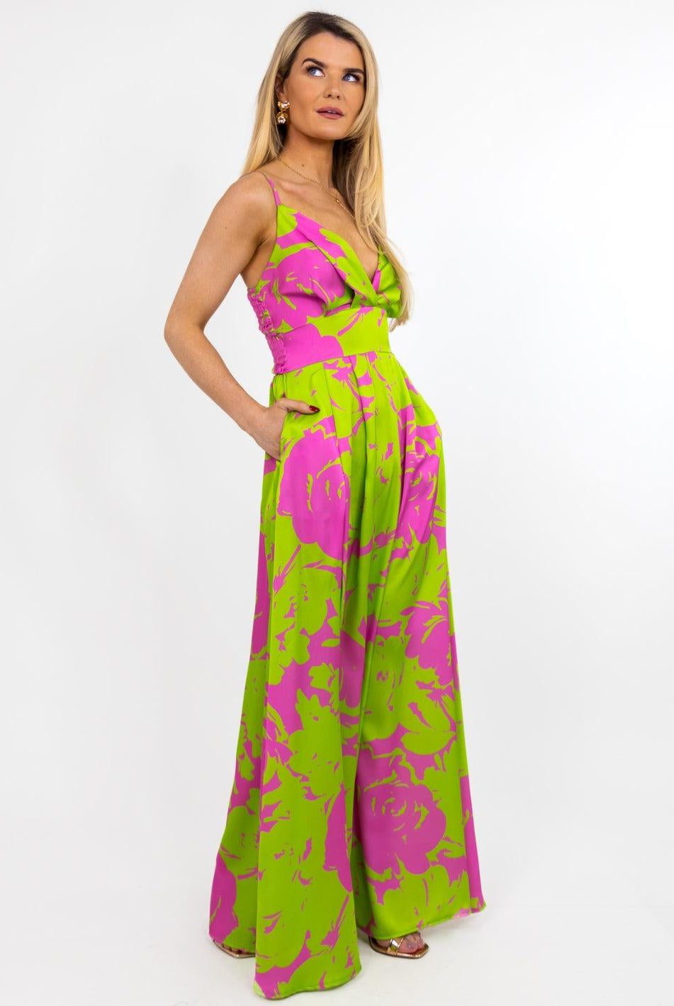 Kate & Pippa Lola Maxi Dress In Cerise Pink / Lime Floral Print-Nicola Ross
